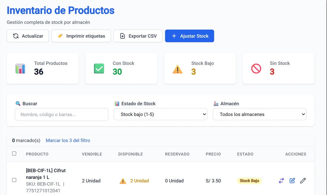 Inventario con productos en stock bajo
