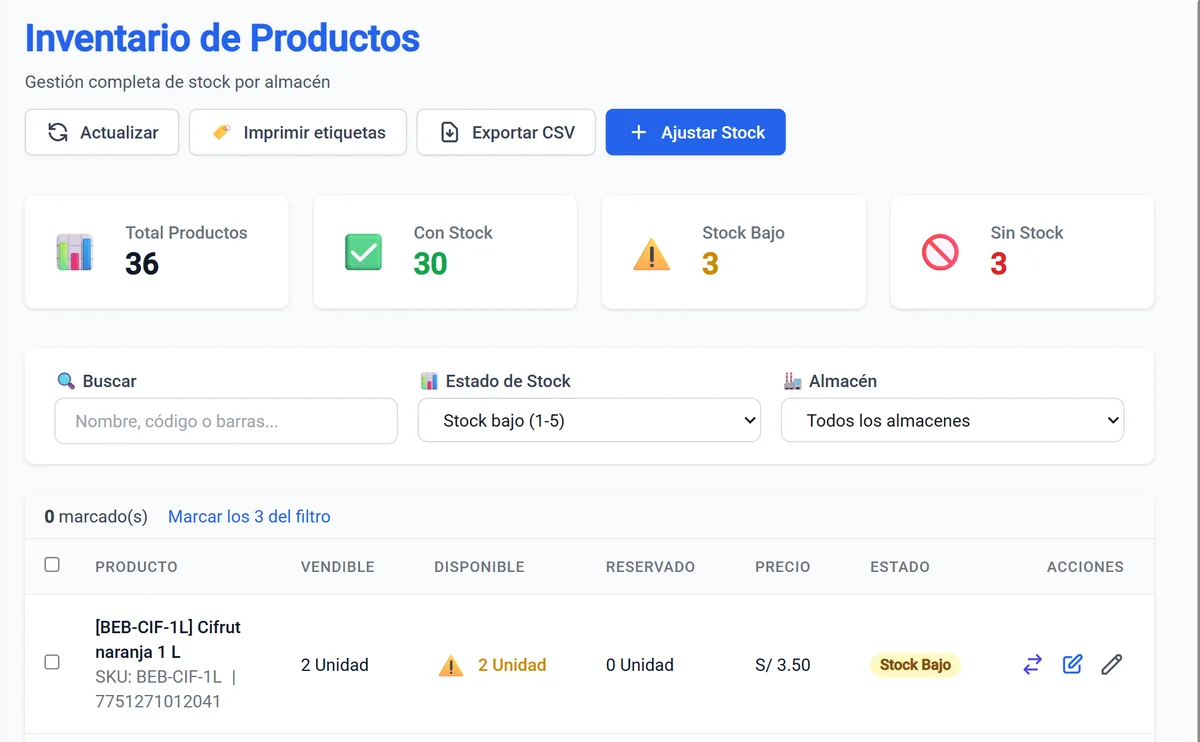 Inventario de un minimarket con alertas de stock bajo