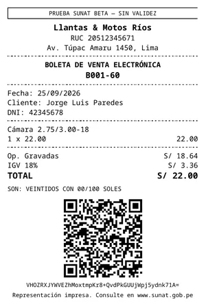 Ticket de la boleta electrónica B001-60, emitida en el ambiente de pruebas de SUNAT