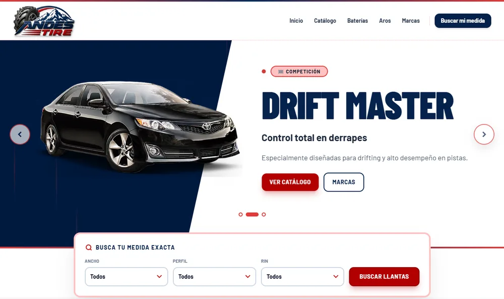 Landing page de una tienda de neumáticos con buscador por medida